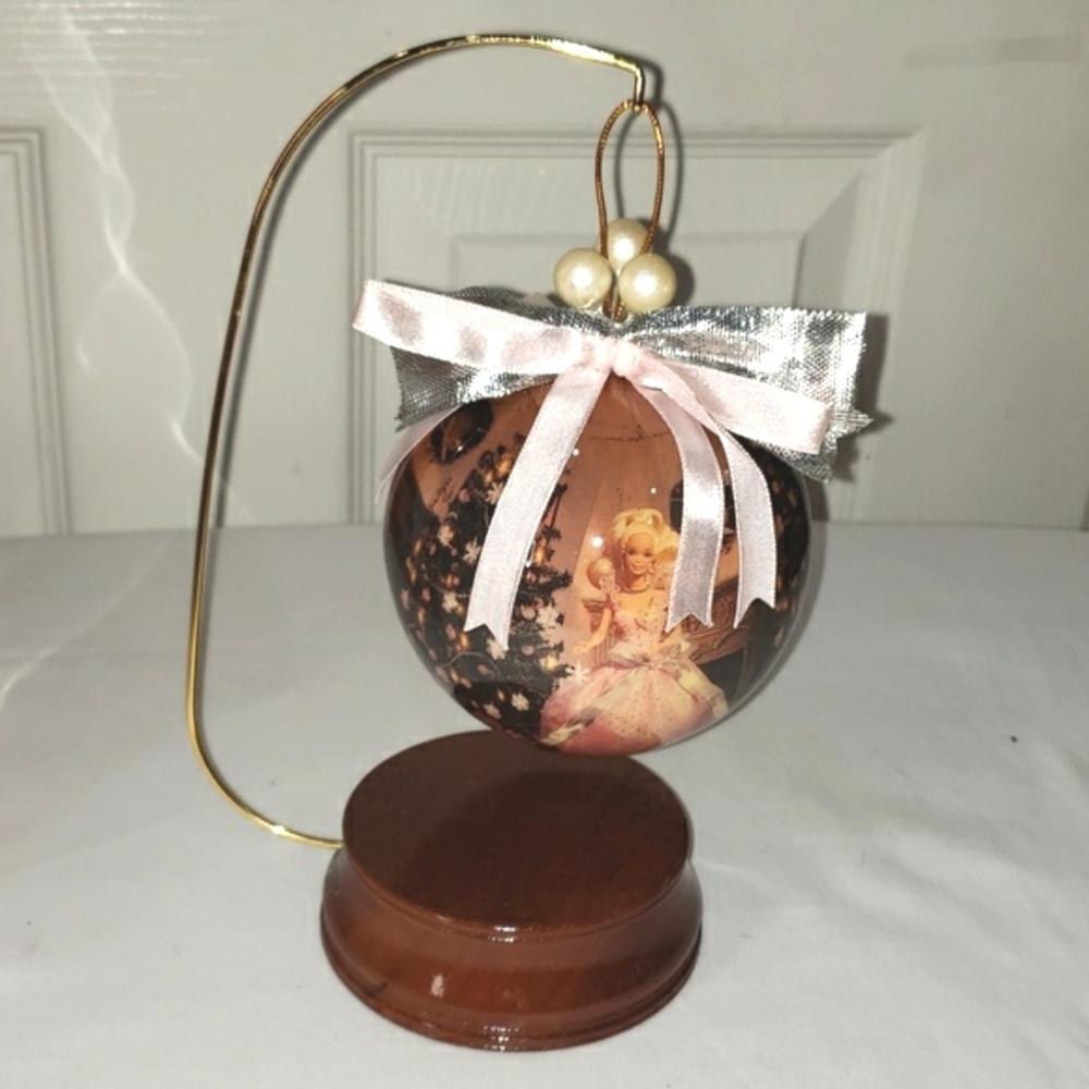 Vintage decoupage Barbie ornament with wood stand